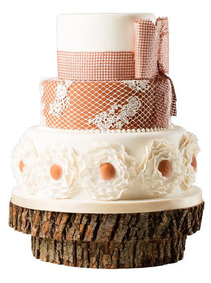 Tiered cake with sugar flowers, sugar lace and sugar ribbon detail. Rosebeary’s Designs in Baking, Oklahoma City.  Photo by Brent Fuchs. 