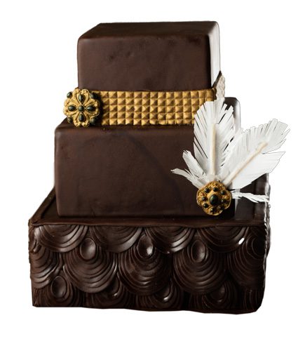 Square chocolate tiered cake with edible decorations. Rosebeary’s Designs in Baking, Oklahoma City. Photo by Brent Fuchs.