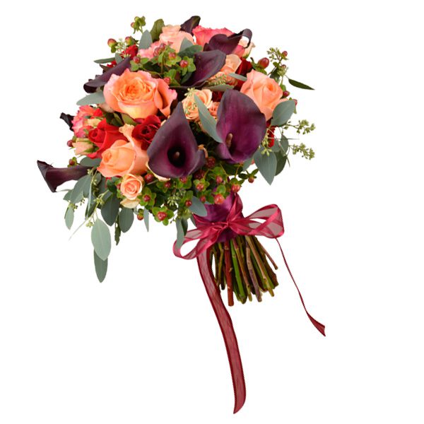Garden bouquet with eggplant callas, garden roses, berries and seeded eucalyptus. Flowergirls Weddings, Tulsa.