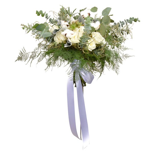 Summer bouquet of white garden roses, succulents and cotton balls with ferns, seeded eucalyptus, acacia and dusty miller. Wild Iris, Tulsa