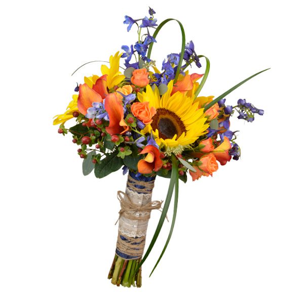 Indian summer bouquet with mango calla lilies, delphinium, berries, spray roses and sunflowers. Flowergirls Weddings, Tulsa.