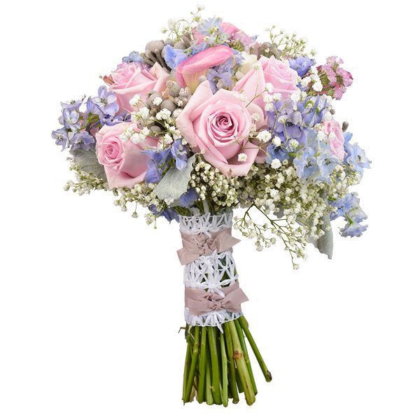 Romantic bouquet of ice blue delphenium, baby's breath, mauve calla lilies and roses with accents of gray dust; Mary Murray's Flowers, Tulsa.