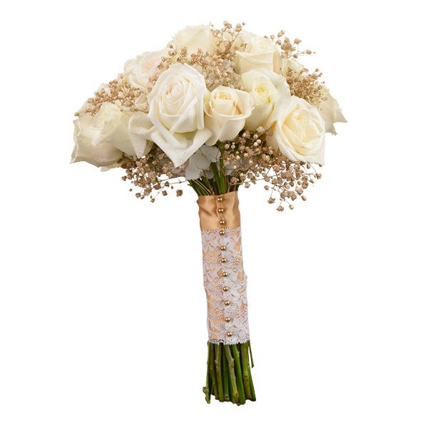 Elegant bouquet with garden roses, vendela roses and gold baby's breath; Flowergirls Weddings, Tulsa.