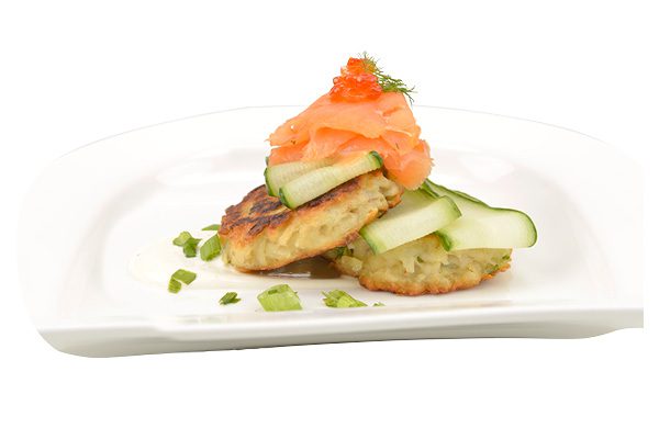 Potato pancake topped with lox, cucumber, chive creme fraiche and caviar. Aila’s Catering, Tulsa.
