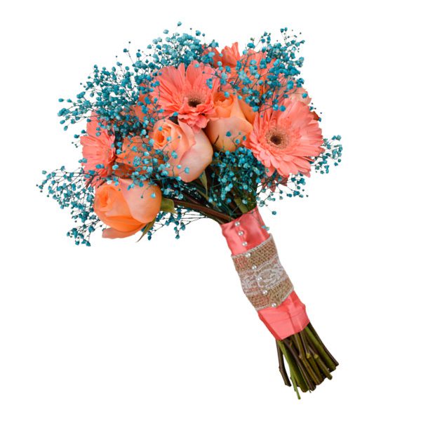 Rustic country bouquet with coral gerbera daisies, coral wreath roses and teal baby’s breath. Flowergirls Weddings, Tulsa