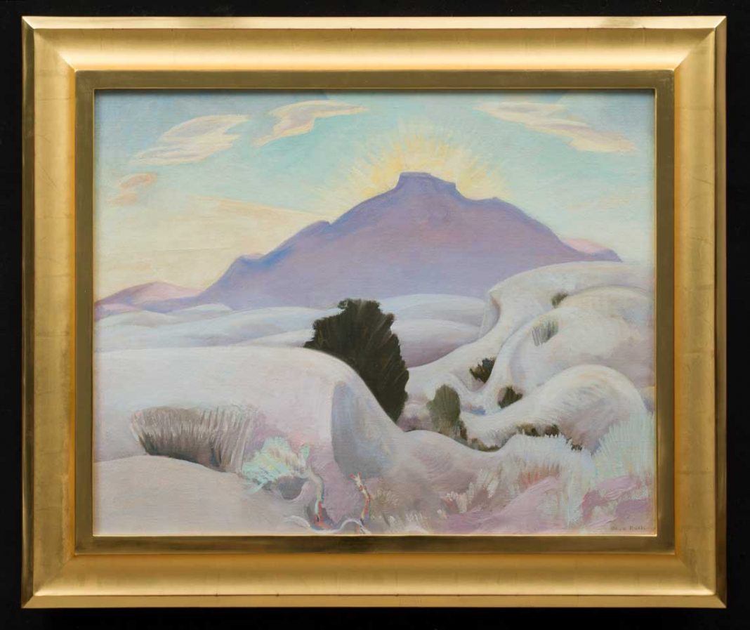 Olive-Rush,-Sunset-in-the-White-Sands-Deserts,-oil-on-panel,-May-1949